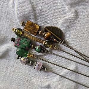 Tiger Eye & Gandblown Glass Beaded Stick Hat Pins W Clutch Free Holder Bundle